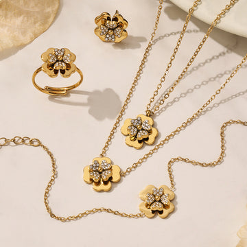 Four Leaf Clover Zircon Necklace Bracelet Ring Earring Set