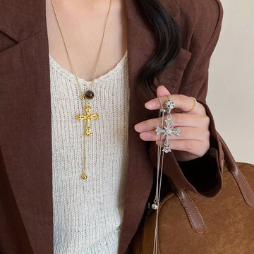 Cross Pendant Necklace with Crystal Drops in Gold and Silver Tones