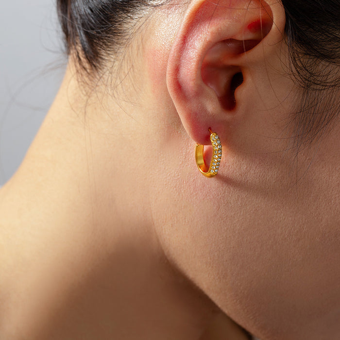 C-Shape Rhinestone Stud Hoops Gold And Steel Tones