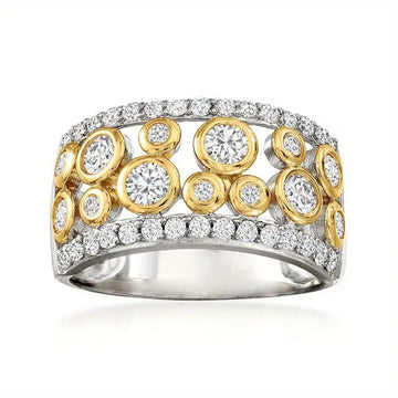 Two-Tone Gold Bezel Circle Cluster Wide Band Finger Ring