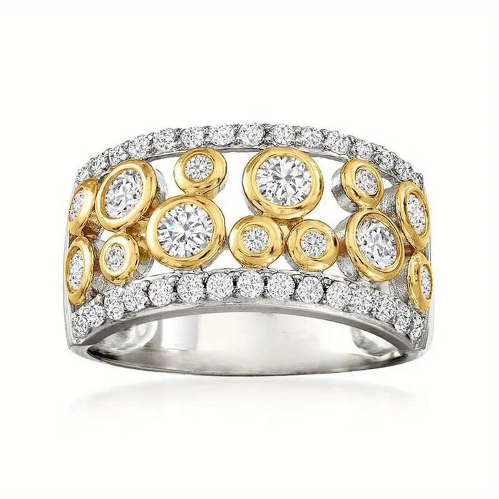 Two-Tone Gold Bezel Circle Cluster Wide Band Finger Ring