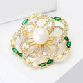 Round Floral Brooch With Green Crystal Border and Pearl Center view 3