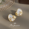 Gold Heart Stud Earrings White Shell Tulip CZ Accent view 4