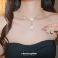 Gold Pink Cats Eye Oval Crystal Halo Necklace and Drop Earrings view 4