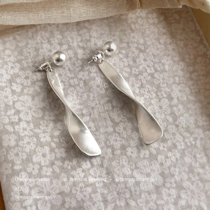 Silver Tone Long Twisted Bar Pearl Top Drop Stud Earrings