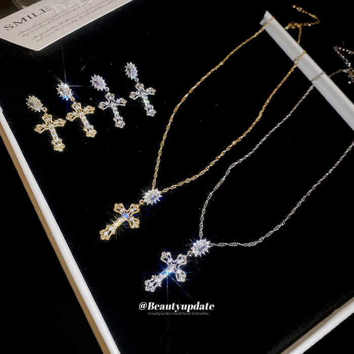Crystal Cross Earrings and Pendant Necklaces in Two Tones