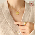 Textured Disc Pendant Faux Pearl Accent Necklace Gold Or Steel view 3