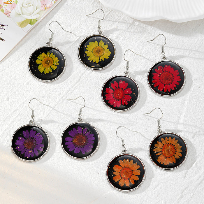Round Black Resin Daisy Drop Earrings Silver Hook 4 Colors