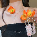 Orange Fabric Poppy Flower Pearl Tassel Earrings Necklace view 3