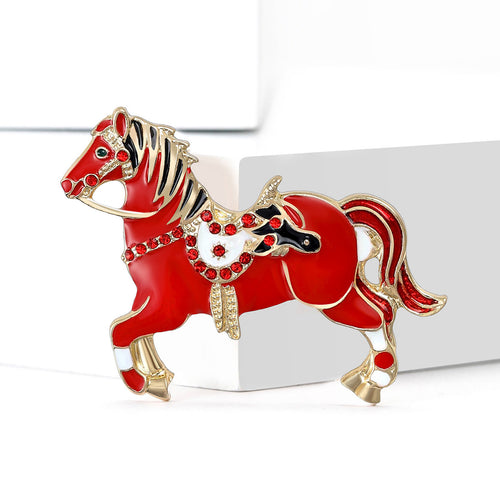Close-up product view showing the colors and surface details of the enamel running horse brooch