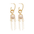 Gold Pearl and Chain Tassel Earrings with Circular Links view 5