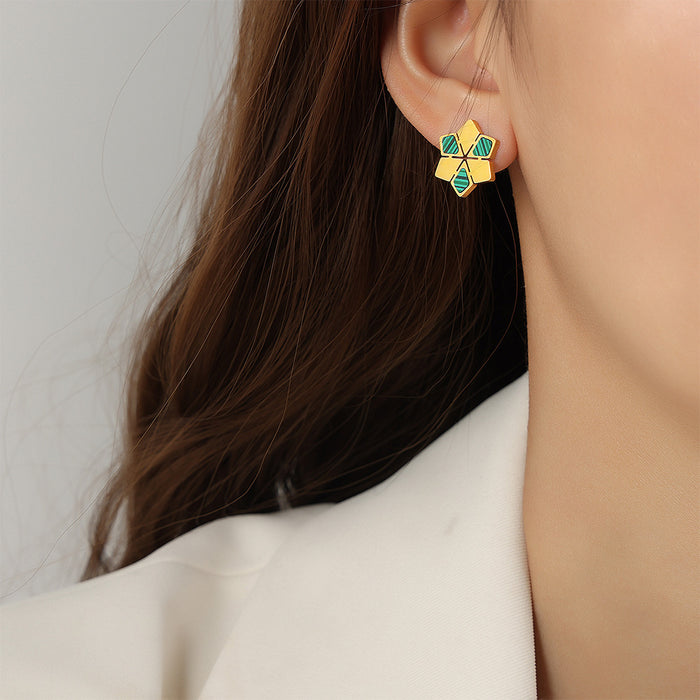 Gold Six-Point Flower Stud Earrings Crystal Turquoise Shell