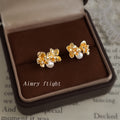 Gold Tone Amber Flower And White Pearl Stud Earrings For Women view 1
