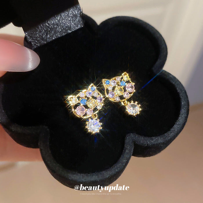 Gold Tone Pastel Crystal Cat Drop Stud Earrings Decorative Jewelry