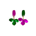 Green and Fuchsia Satin Look Flower Mismatched Earrings view 5