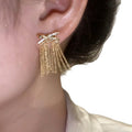 Crystal Bow and Gold Chain Fringe Stud Earrings With Metal Details view 5