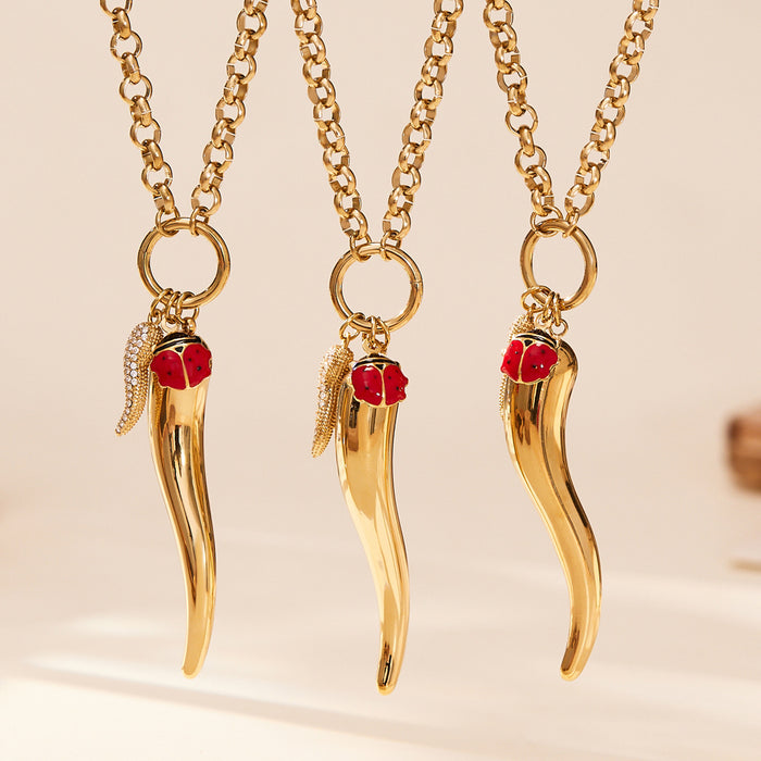 Gold Chili Pepper Pendant Necklace Ladybug Wing Cable Chain