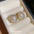 Gold Tone Round Faux Pearl Clear Crystal Stud Earrings view 4