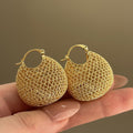 Gold Tone Woven Mesh Round Hoop Statement Earrings view 6