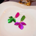 Green and Fuchsia Satin Look Flower Mismatched Earrings view 3