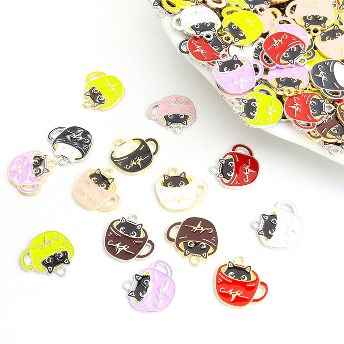 Coffee Cup Cat Enamel Alloy Charm Pendants in Seven Colors