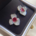 Red Square Stone Three-Petal Flower Stud Earrings In Silver Tone view 2