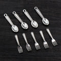 Miniature Spoon and Fork Pendant Charms in a Silver Tone view 1