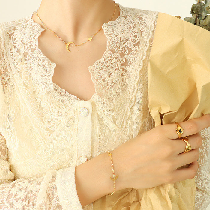 Gold Crescent Moon And Star Chain Necklace Bracelet Set