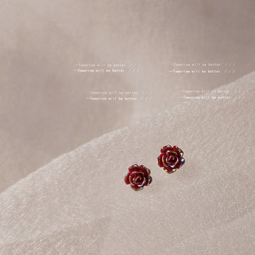 Mini Red Rose Flower Stud Earrings Metallic Finish Pair