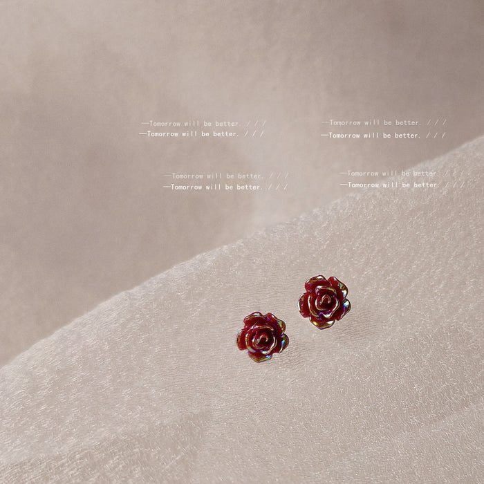 Mini Red Rose Flower Stud Earrings Metallic Finish Pair