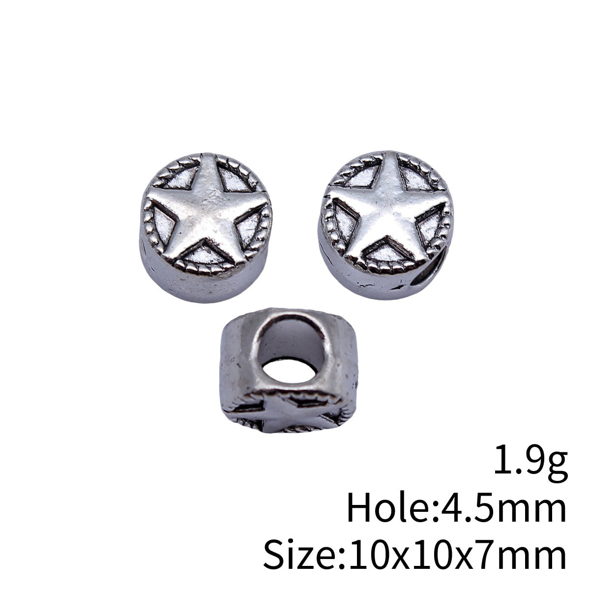 10x10x7mm 1.9g Antique Silver Zinc Alloy Five Point Star Round Large Hole Spacer Double Sided Beads for Bracelet Making