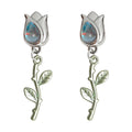 Silver Tulip Stud Green Stem Leaf Drop Earrings Pair view 5