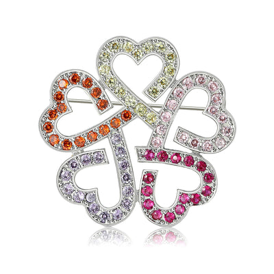 Front product view of the four heart crystal flower brooch on a light background