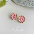 Gold-Tone Enamel Tulip Plaque Stud Earrings Pink White Green view 6
