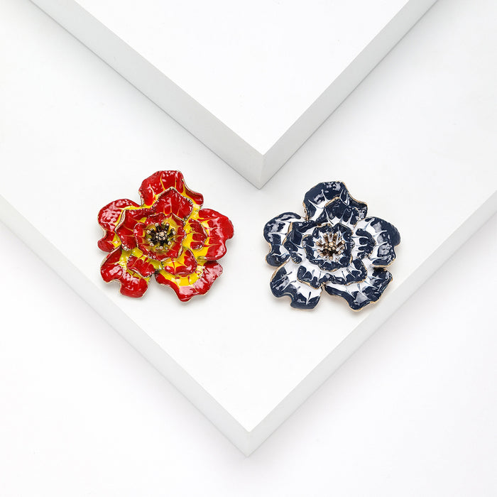 Layered Enamel Camellia Brooch With Crystal Center