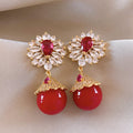 Red Teardrop and Crystal Floral Drop Stud Earrings view 6