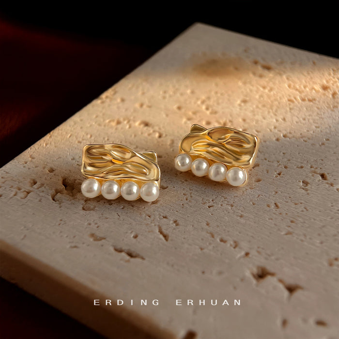 Gold Textured Rectangle Stud Earrings Four Pearl Row