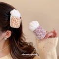 Fluffy Leopard Cat Paw Duckbill Hair Clips Pink Tan view 1