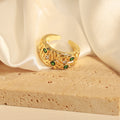 Gold Open Ring Embossed Band Green Glass Clear Stones view 4