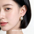 Gold Antique Frame White Pearl Button Stud Earrings view 2