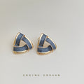 Gray Blue Enamel Triangle Geometric Stud Earrings Gold Rim Pair view 1