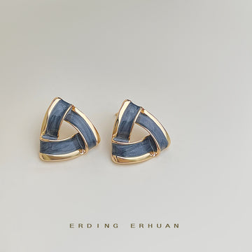Gray Blue Enamel Triangle Geometric Stud Earrings Gold Rim Pair