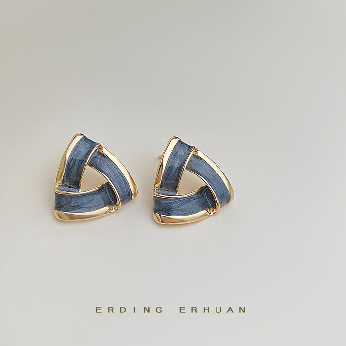 Gray Blue Enamel Triangle Geometric Stud Earrings Gold Rim Pair