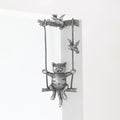Antique Silver Cat on a Swing Brooch With Bird Details view 1