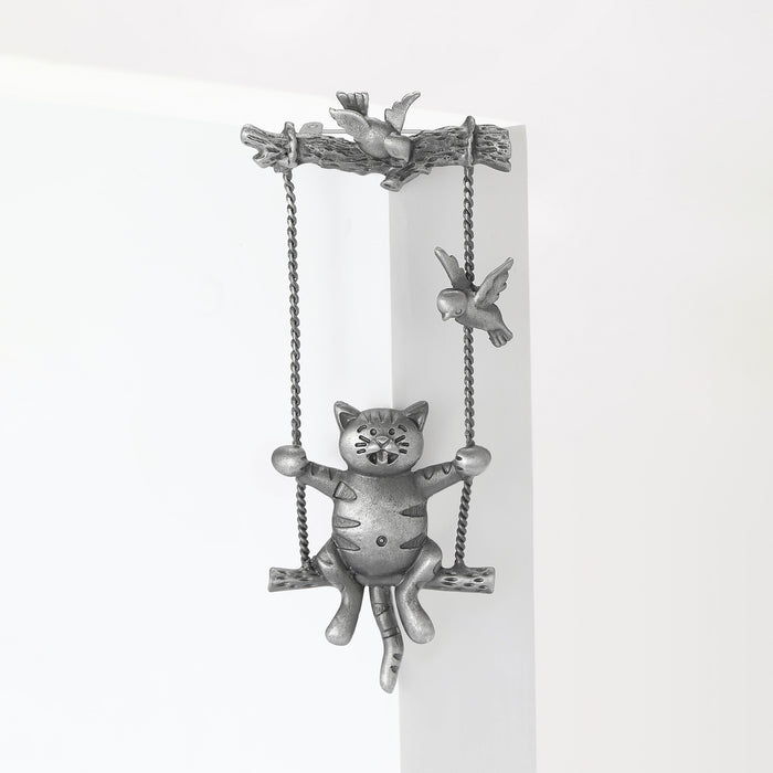 Antique Silver Cat on a Swing Brooch With Bird Details