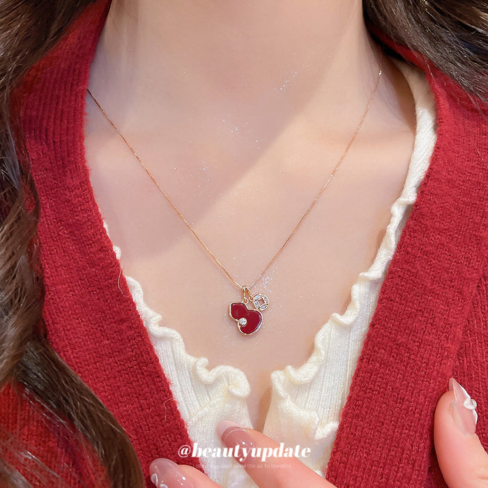 Red Gourd Pendant Necklace with Clear Crystal Accent
