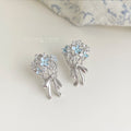 Silver-Tone Flower Bouquet Bow Stud Earrings Blue Enamel view 4