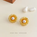 Gold Tone Radiating Petal White Pearl Sunflower Stud Earrings view 3