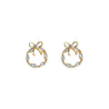 Gold Bow Clear Crystal Circle Stud Earrings Pearl Accent view 5
