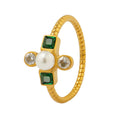 Gold Steel Pearl Green Square Rhinestone Thin Rings view 5